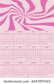 2025 Calendar Design with Liquid Distorted Geometrical background. Template Calendar for 2025 new year with Abstract Swirl Twirl background. Vector illustration. Creative Psichedelic Y2K Calendar.