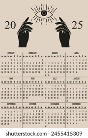 2025 Calendar design with Magic black hand and Watchful eye. Annual 2025 Calender in trendy Celestial Grunge style. Vector illustration. EPS 10. Editable stroke