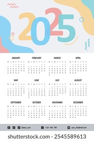 2025 calendar design. One page wall calendar.