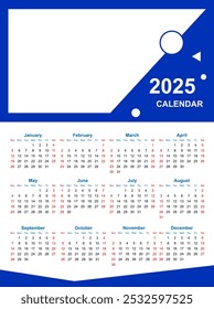 design do calendário de 2025 para fins de impressão e publicação. design de calendário simples com espaço para o logotipo da empresa e texto para o ano de 2025. design de calendário de página única para fins promocionais da empresa.	