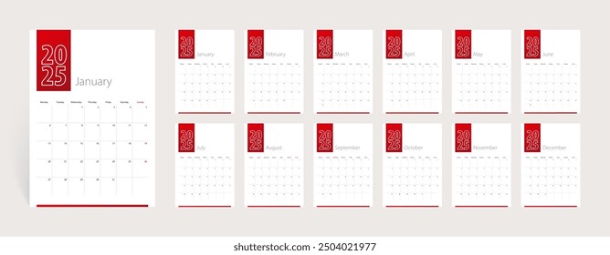 Diseño de calendario 2025, conjunto de 12 meses. La semana comienza el lunes. Plantilla del calendario de la Vertical 2025.