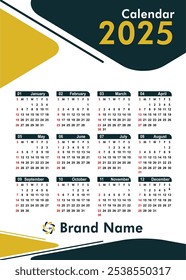 2025 calendar Design Template, Modern professional Annual Calendar 2025 vector illustration. 