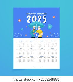 2025 calendar design template with senior elderly insurance illustration concept