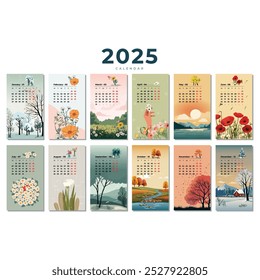  Plantilla de diseño de calendario 2025, calendario establecido