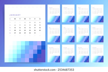 2025 Modelo de Projeto de Calendário para Parede e Mesa. Calendário simples vertical com espaço livre para marca, logotipo e imagem.