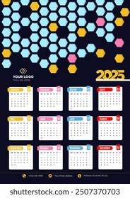 2025 Calendar Design, Wall Calendar Design Template with Color Shapes Background, Weeks Starts on Monday.