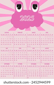 2025 Calendar Design with Weird Trippy animal silhouette. Template Calendar for 2025 new year with Abstract Circus Tent Retro background. Y2K Vector illustration. EPS 10 