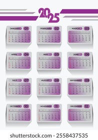2025 calendar with the dominant color purple, cool, simple, suitable for any template