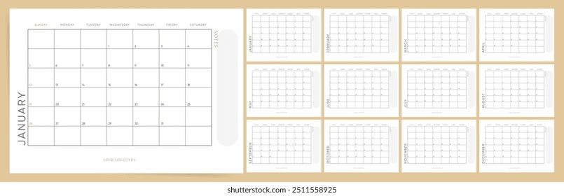 2025 Calendar. Elegant Beige and White Monthly Planner with Notes Section.