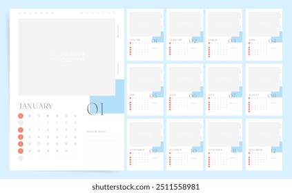 2025 Calendar. Elegant Blue and White Monthly Planner with Notes Section.