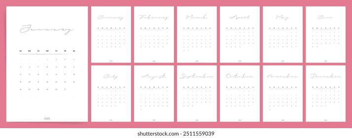 Calendário de 2025. Elegante minimalista manuscrito layout mensal em rosa e branco.