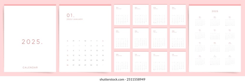 2025 Calendar. Elegant Minimalist Pink Design with Monthly Pages.
