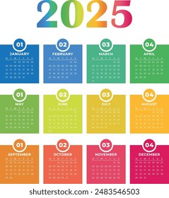 2025 Calendar English colorful square Calendar design. 2025  planner template
