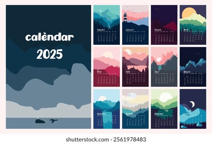 2025 calendar featuring minimalist landscapes for each month with vibrant colors and scenic illustrations, perfect for home, office decor, and digital designs