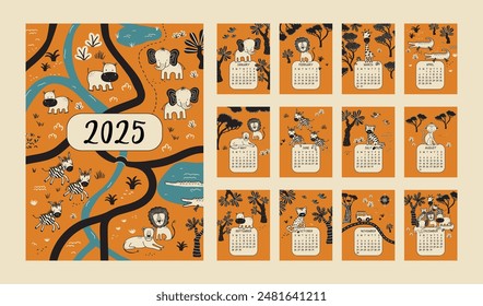 2025 calendar featuring safari animals. Monthly pages show cute illustrated wildlife on orange background. Black and white animal drawings with playful, childlike style. Great for nursery decoration