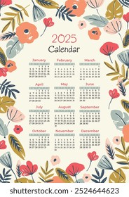 Calendario 2025 con ilustración floral. Plantilla de diseño de Vector