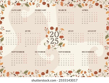 2025 calendar with floral, mushroom illustration. Vector design template. autumn vibe. Berrys and leaves