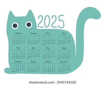2025 calendar in the form of a cat.  Week starts on Sunday, vector illustration. Gorisontal page.