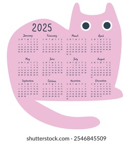 2025 calendar in the form of a cat.  Week starts on Sunday, vector illustration. Gorisontal page.