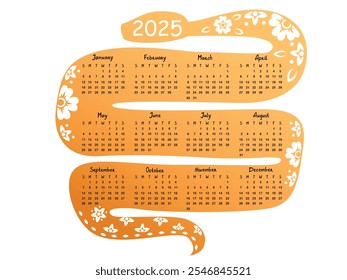 2025 sob a forma de uma cobra.  A semana começa no domingo, ilustração vetorial. Páginas gorisontais.
