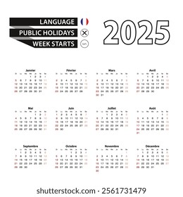 2025 calendar in French language, week starts from Sunday. Vector Illustration.