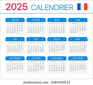 2025 calendar - French version - Vector Template