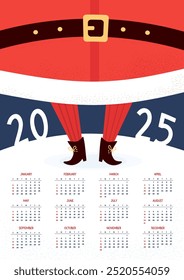 2025 calendar. Funny legs Santa Claus in boots in snow. Vertical template 12 months in English. Week starts Sunday. New Year Vector illustration. Stationery, printable, wall annual calendar