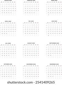 Calendário 2025 em Germain com números de semana