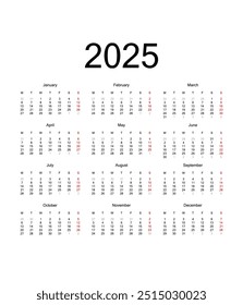 2025 Calendar Grid. Calendar 2024, 2025 year - vector illustration. Week starts on Monday. Calendar for 2025 years