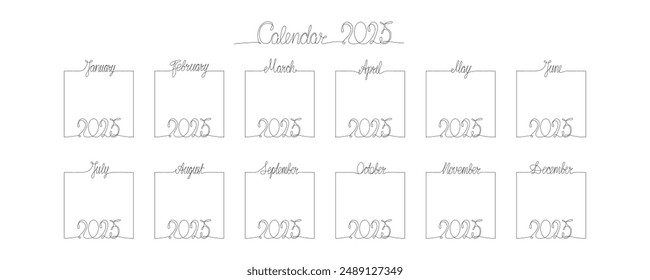 2025 calendar with hand drawing month and year sign in frame. Vector stock illustration isolated on white background for design template print materials, daily planner. Editable stroke one single line