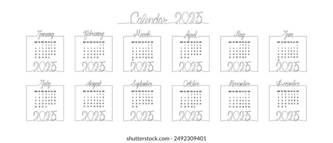 2025 calendar with hand drawing month and year sign in frame. Vector stock illustration isolated on white background for design template print materials, daily planner. Editable stroke one single line