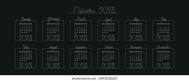 2025 calendar with hand drawing month and year sign in frame. Vector stock illustration isolated on black background for design template print materials, daily planner. Editable stroke one single line