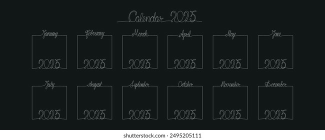 2025 calendar with hand drawing month and year sign in frame. Vector stock illustration isolated on black background for design template print materials, daily planner. Editable stroke one single line