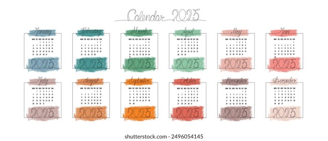 2025 calendar with hand drawing month and year sign in frame. Vector stock illustration isolated on white background for design template print materials, daily planner. Editable stroke one single line