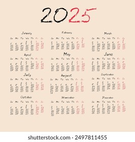 Calendario 2025 escrito a mano para el diseño conceptual. con fines de semana destacados. Plantilla de Vector. Ilustración vectorial aislada.