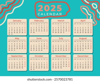 2025 Calendar with hand-drawn wavy lines and a turquoise background.