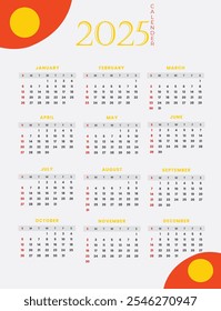 El calendario 2025 tiene 365 días, comenzando el miércoles 1 de enero y terminando el miércoles 31 de diciembre. No es un año bisiesto, por lo que febrero tiene 28 días. Los días festivos clave incluyen el Día del Nuevo Año (1 de enero),