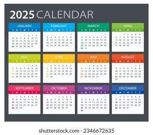 2025 Calendar - illustration. Template. Mock up Week starts Sunday