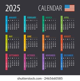 2025 Calendar - illustration. Template. Mock up. American version