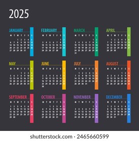 2025 Calendar - illustration. Template. Mock up Week starts Monday