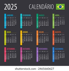 Calendario 2025 - ilustración. Plantilla. Versión brasileña simulada