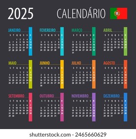 2025 Calendar - illustration. Template. Mock up Portuguese version