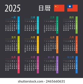 2025 Calendar - illustration. Template. Mock up Chinese version