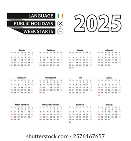 2025 calendar in Irish language, week starts from Sunday. Vector Illustration.