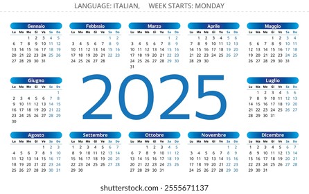 2025 calendar - Italian language. Printable vector illustration for Italy - Calendario. Number of year in center. 