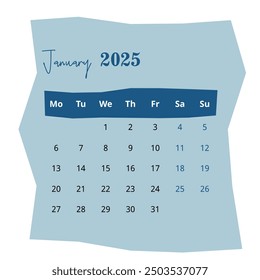 2025 Calendar: January Page on White Background. Minimalist Layout for Clear and Organized Planning. Ideal for Professional Use.