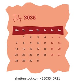 2025 Calendar: July Page on White Background. Minimalist Layout for Clear and Organized Planning. Ideal for Professional Use.