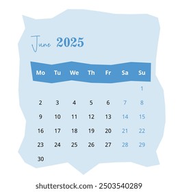 2025 Calendar: June Page on White Background. Minimalist Layout for Clear and Organized Planning. Ideal for Professional Use.