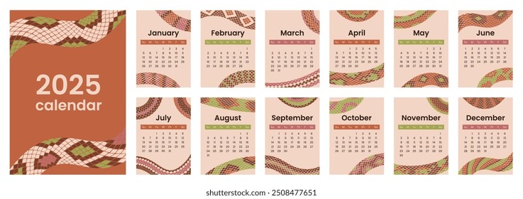 2025 calendar layout featuring modern snake skin geometric patterns in earthy tones. Minimalistic flat design with soft pastel background for planning and scheduling.