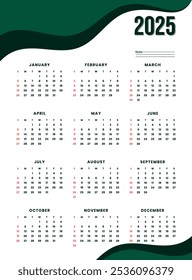 Diseño de calendario 2025 con acentos de onda verde para uso en la pared o el escritorio

